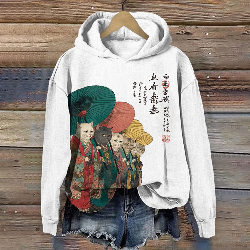 Japanese Retro Kimono Cats Pattern Print Long Sleeved Hoodie - White - US44-46(8XL) - image 4