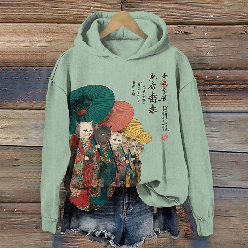 Japanese Retro Kimono Cats Pattern Print Long Sleeved Hoodie - Light Green - US44-46(8XL) - image 2