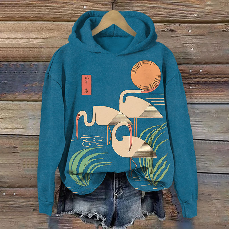 Japanese Minimalist Three Cranes Print Long Sleeved Hoodie - Lake Blue - US44-46(8XL) - image 2