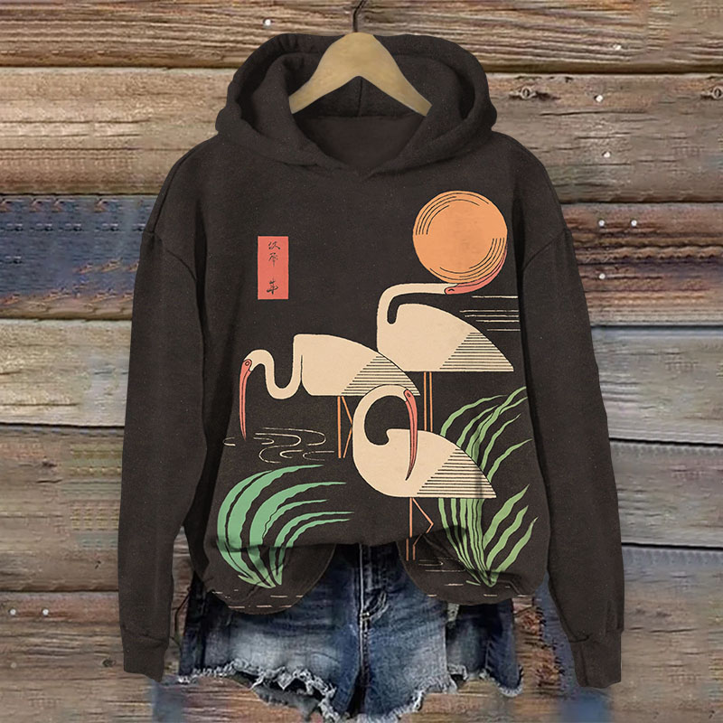 Japanese Minimalist Three Cranes Print Long Sleeved Hoodie - Brown - US44-46(8XL) - image 1