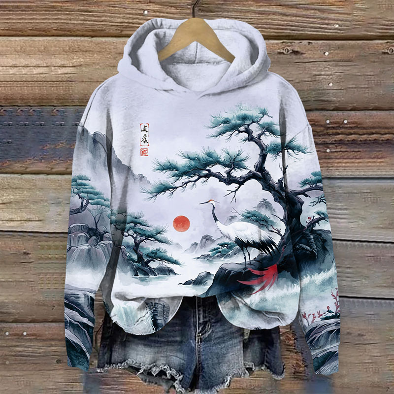 Japanese Vintage Pine And Crane Print Long Sleeved Hoodie - Light Purple - US44-46(8XL) - image 2