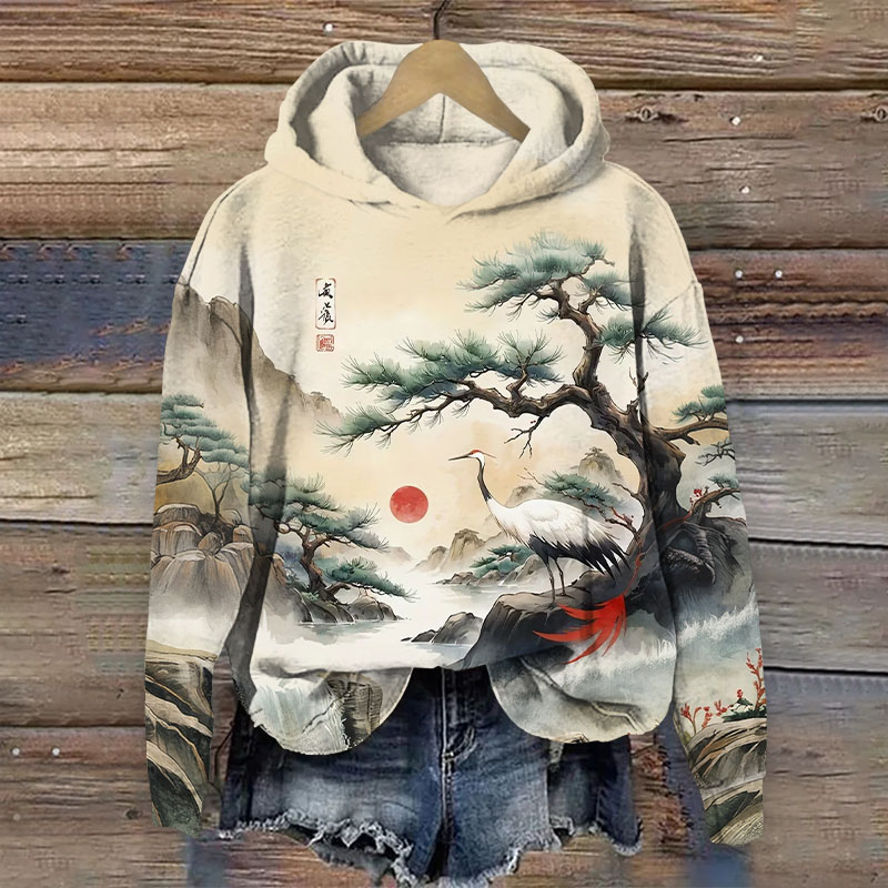 Japanese Vintage Pine And Crane Print Long Sleeved Hoodie - Apricot - US44-46(8XL) - image 1