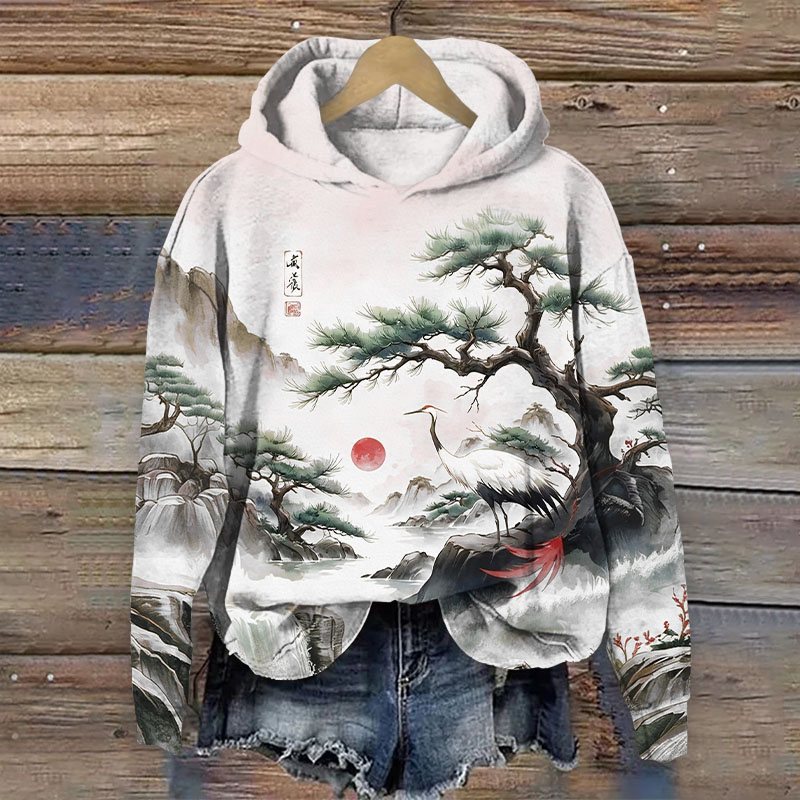 Japanese Vintage Pine And Crane Print Long Sleeved Hoodie - White - US44-46(8XL) - image 3