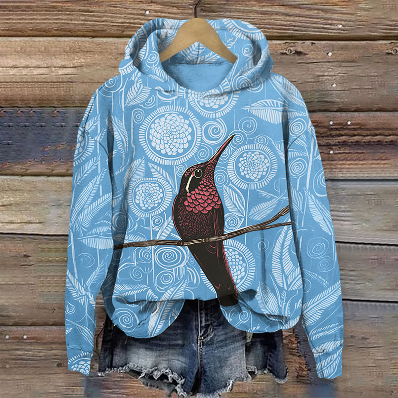 Vintage Geometric Flowers And Birds Pattern Print Long Sleeved Hoodie - Sky Blue - US44-46(8XL) - image 2