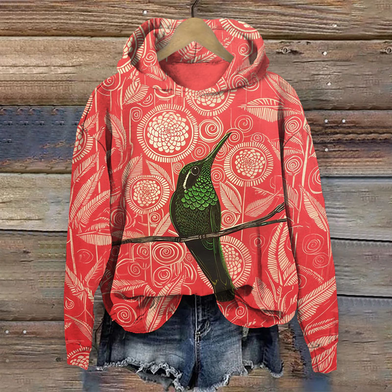 Vintage Geometric Flowers And Birds Pattern Print Long Sleeved Hoodie - Red - US44-46(8XL) - image 1