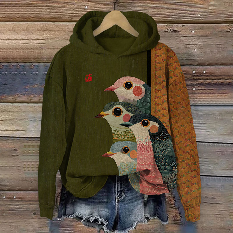 Japanese Retro Rainbow Birds Pattern Print Long Sleeved Hoodie - Dark Green - US44-46(8XL) - image 1