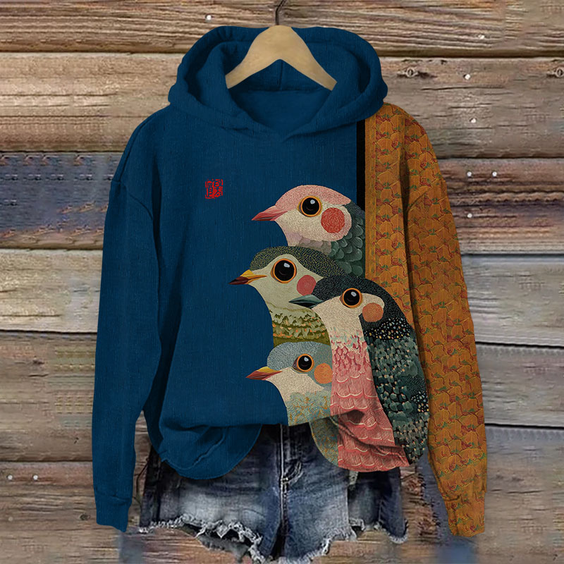 Japanese Retro Rainbow Birds Pattern Print Long Sleeved Hoodie - Navy Blue - US44-46(8XL) - image 3
