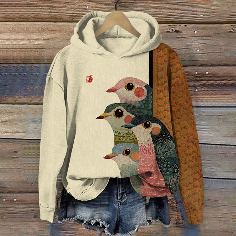 Japanese Retro Rainbow Birds Pattern Print Long Sleeved Hoodie - Apricot - US44-46(8XL) - image 2
