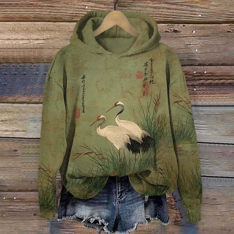 Japanese Retro Red-Crowned Crane Print Long Sleeved Hoodie - Green - US44-46(8XL) - image 1