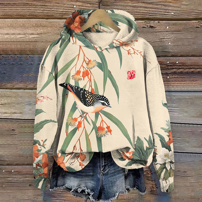 Japanese Vintage Little Bird Pattern Print Long Sleeved Hoodie - Apricot - US44-46(8XL) - image 2