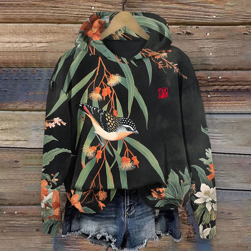 Japanese Vintage Little Bird Pattern Print Long Sleeved Hoodie - Black - US44-46(8XL) - image 1