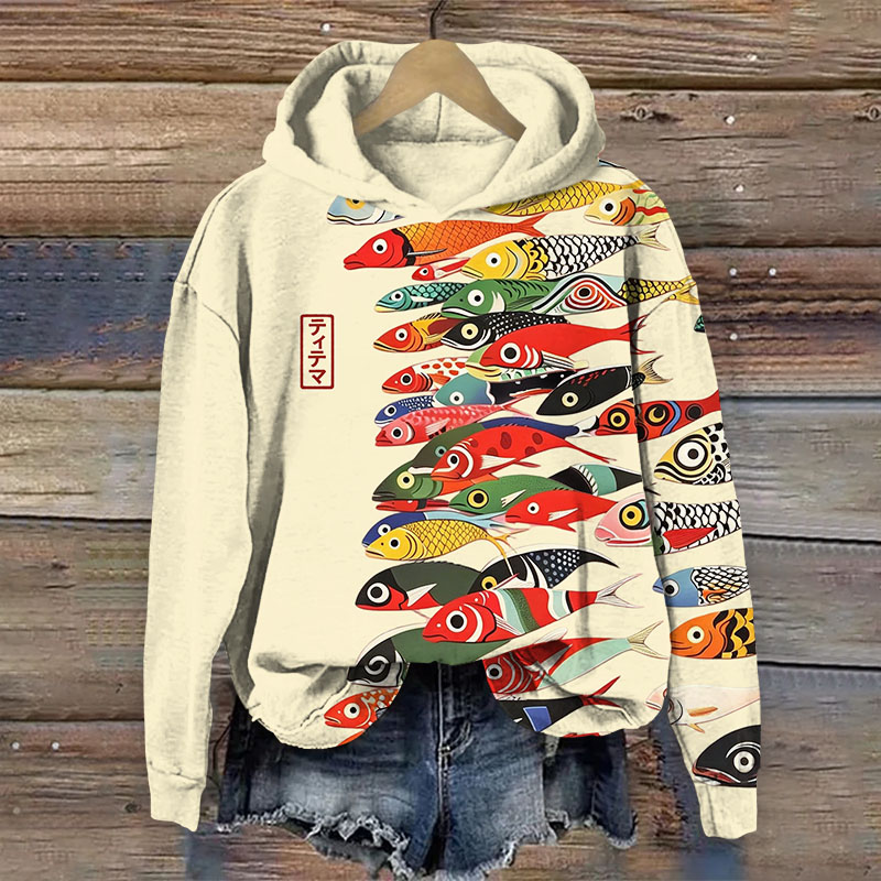 Japanese Vintage Colorful Fishes Pattern Print Long Sleeved Hoodie - Apricot - US44-46(8XL) - image 1