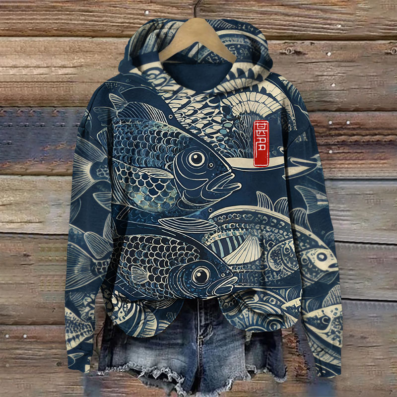 Japanese Woodblock Print Long Sleeved Hoodie - Navy Blue - US44-46(8XL) - image 1