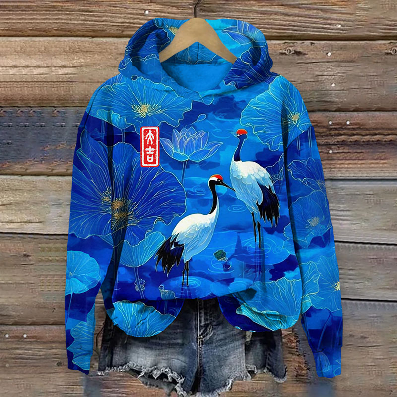 Japanese Vintage Lotus Pond Cranes Print Long Sleeved Hoodie - Blue - US44-46(8XL) - image 1