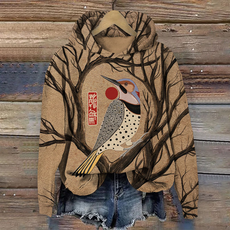 Japanese Geometric Bird Pattern Print Long Sleeved Hoodie - Khaki - US44-46(8XL) - image 1