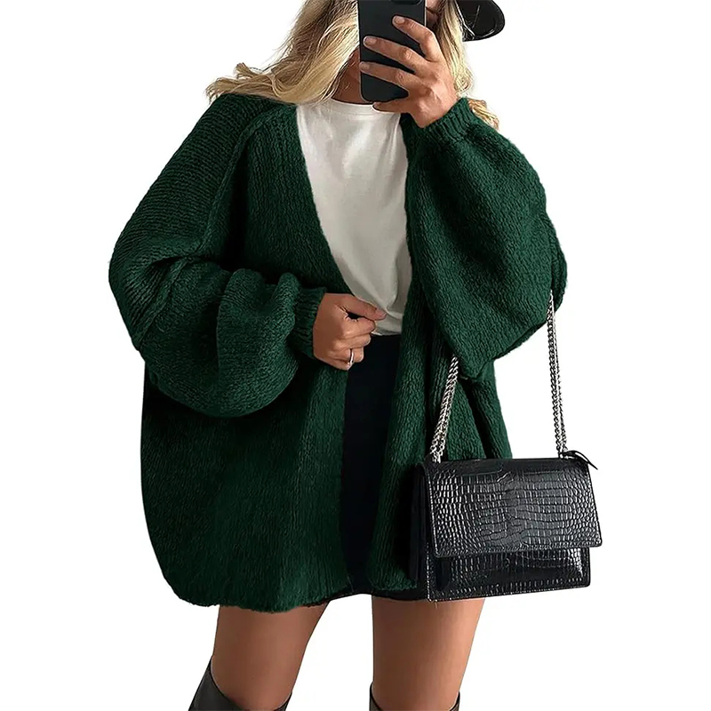 Women's Solid Color Casual Knit Cardigan Sweater - Dark Green - 2XL - image 4