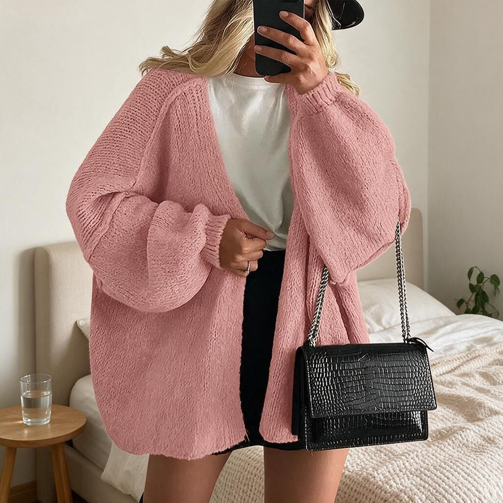 Women's Solid Color Casual Knit Cardigan Sweater - Pink - 2XL - image 1