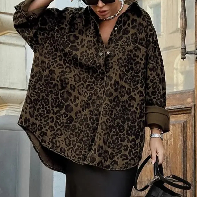 Vintage Leopard Print Classic Button Up Casual Shirt  - Brown - L - image 1