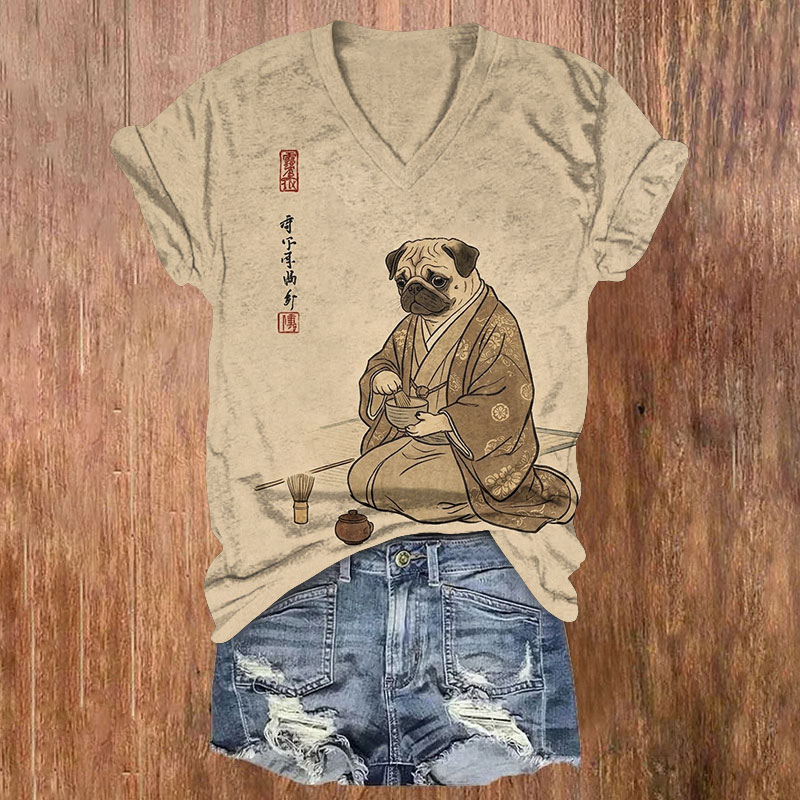 Vintage Ukiyo-e Pug Tea Ceremony Print Short Sleeved V-neck T-shirt - Apricot - US32-34(5XL) - image 1