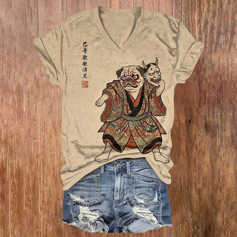 Kabuki Pug With Hannya Mask Print Short Sleeved V-neck T-shirt - Apricot - US32-34(5XL) - image 1