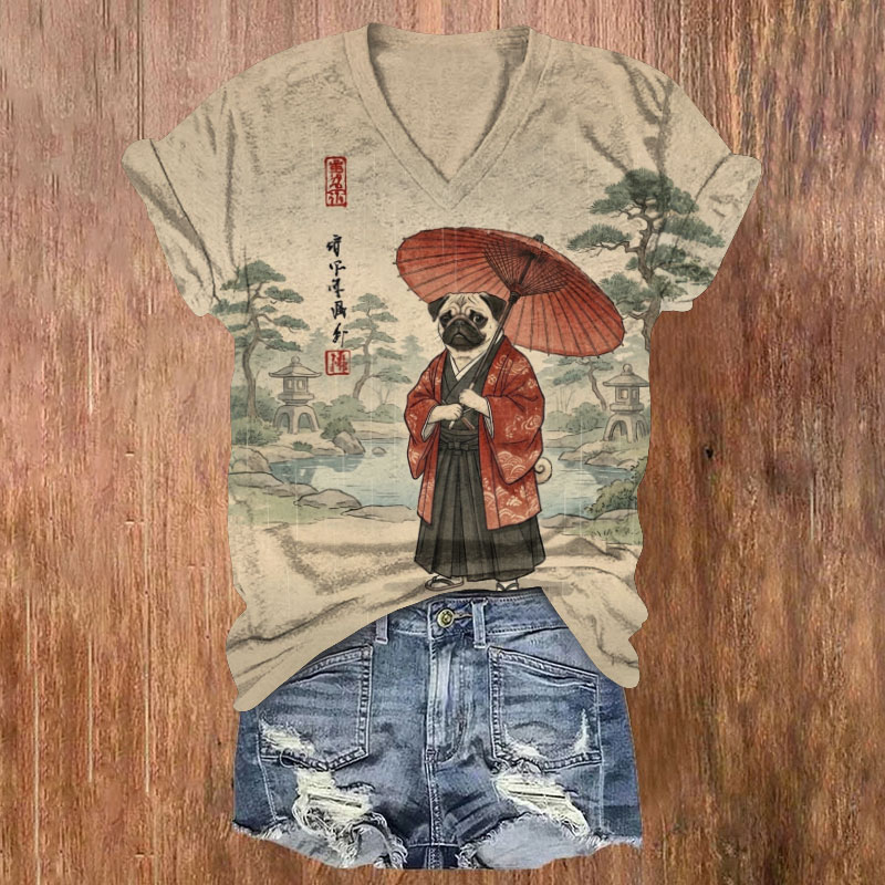 Samurai Pug With Red Umbrella Print Short Sleeved V-neck T-shirt - Apricot - US32-34(5XL) - image 1