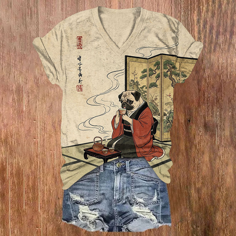 Vintage Japanese Ukiyo-e Pug Tea Time Print Short Sleeved V-neck T-shirt - Apricot - US32-34(5XL) - image 1