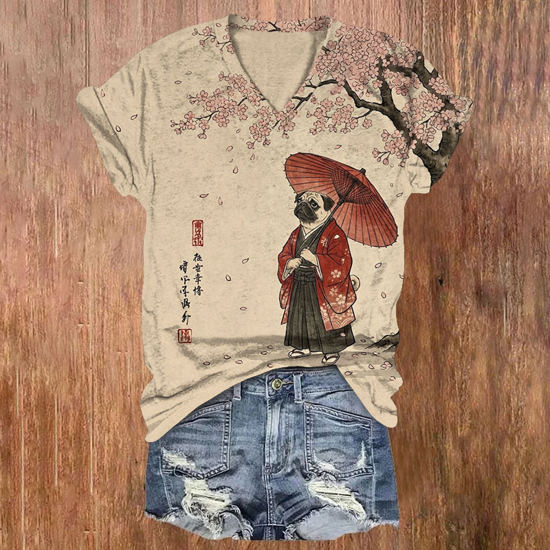 Samurai Pug Red Umbrella Under Cherry Blossoms Print Short Sleeved V-neck T-shirt - Apricot - US32-34(5XL) - image 1