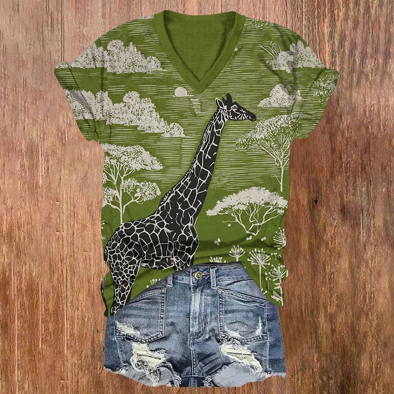 Vintage Forest Jungle Giraffe WoodcutPattern Print Short Sleeved V-Neck T-Shirt - Green - US32-34(5XL) - image 1