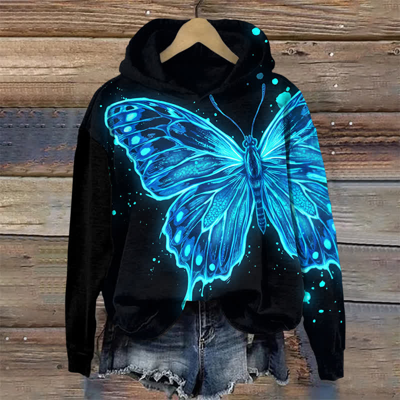 Dark Aesthetic Cyan Butterfly Statement Long Sleeved Hoodie - Black - US32-34(5XL) - image 1