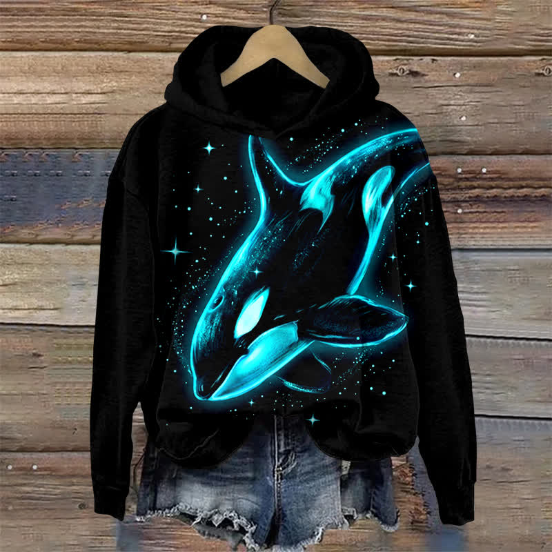Dark Aesthetic Aurora Orca Print Long Sleeved Hoodie - Black - US32-34(5XL) - image 1