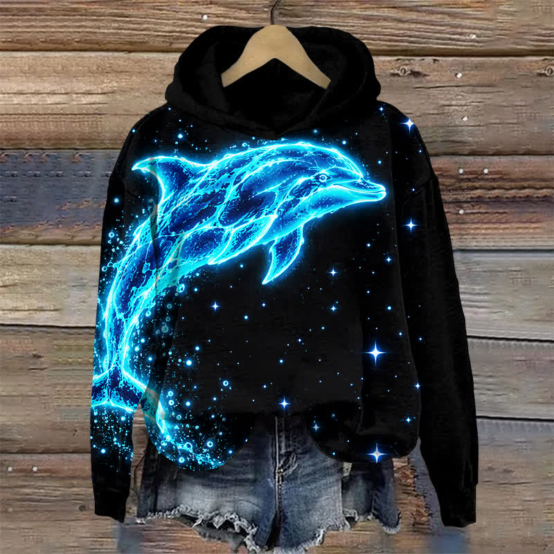 Streetwear Neon Dolphin Graphic Print Long Sleeved Hoodie - Black - US32-34(5XL) - image 1