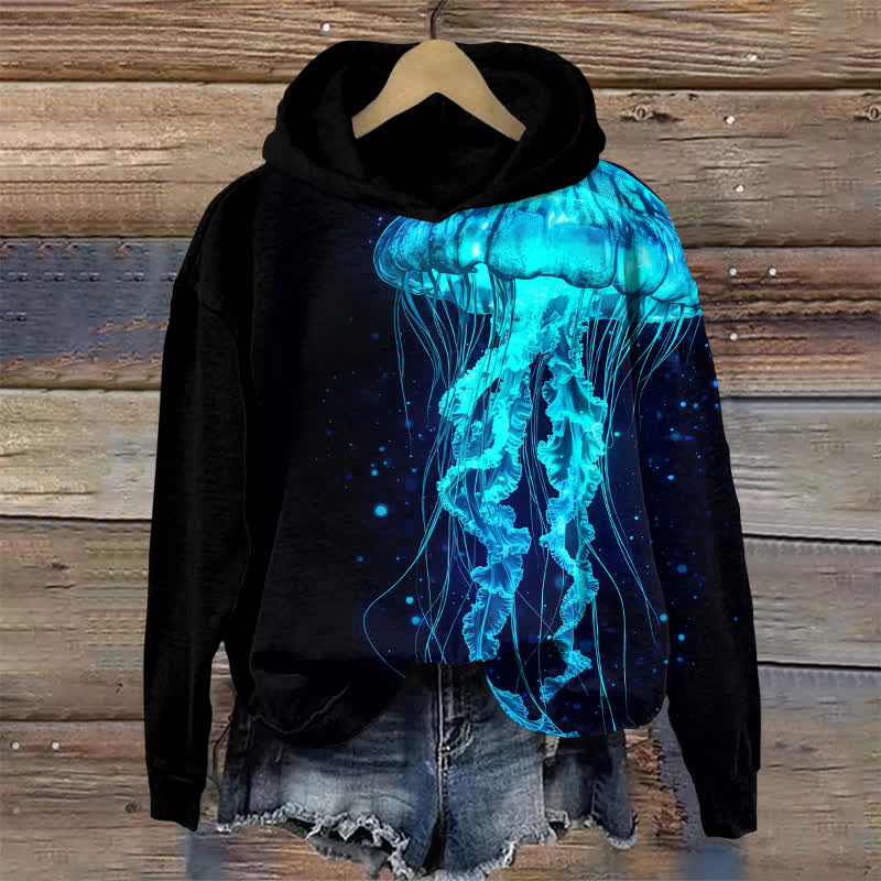 Streetwear Neon Jellyfish Print Long Sleeved Hoodie - Black - US32-34(5XL) - image 1