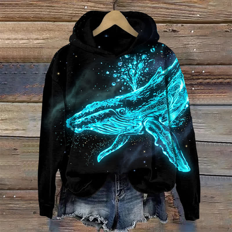 Streetwear Neon Whale Splash Print Long Sleeved Hoodie - Black - US32-34(5XL) - image 1