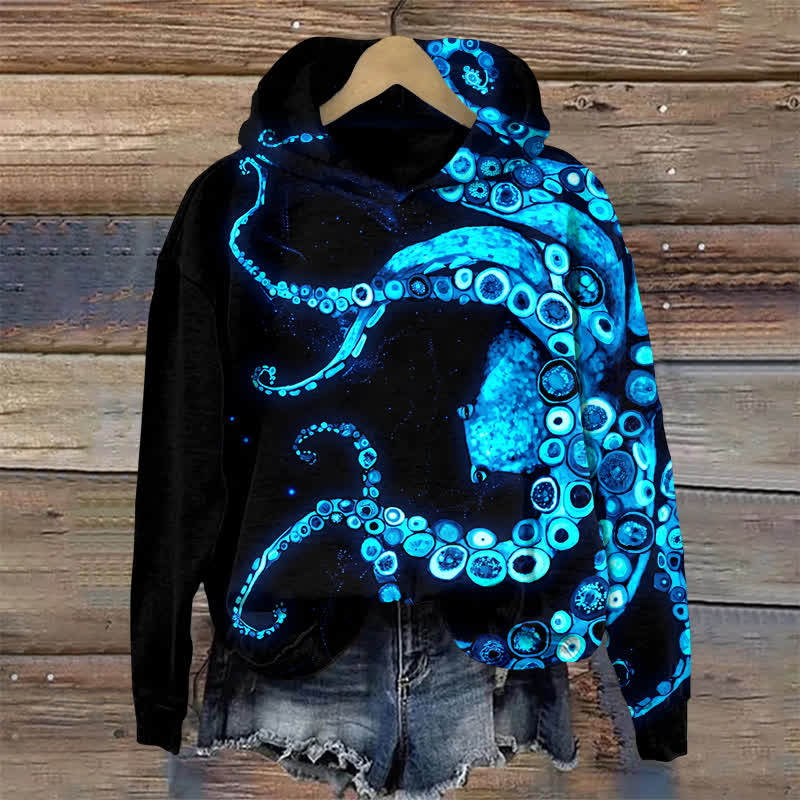 Urban Streetwear Aqua Octopus Graphic Print Long Sleeved Hoodie - Black - US32-34(5XL) - image 1