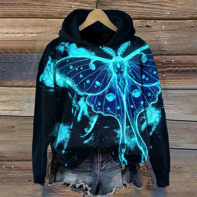 Casual Neon Moth Galaxy Print Long Sleeved Hoodie - Black - US32-34(5XL) - image 1