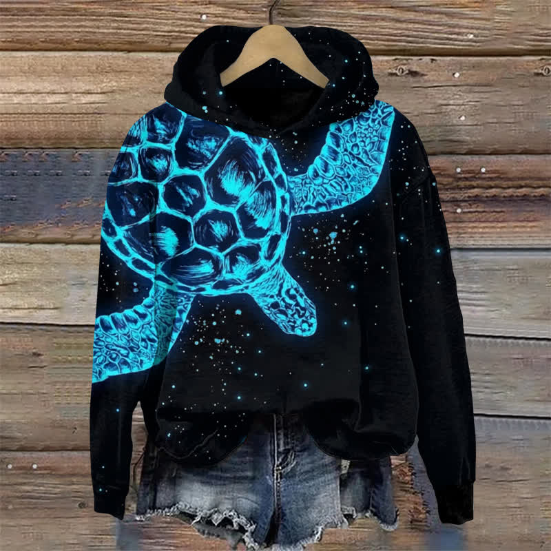 Dark Aesthetic Aqua Turtle Pullover Print Long Sleeve Hoodie - Black - US32-34(5XL) - image 1