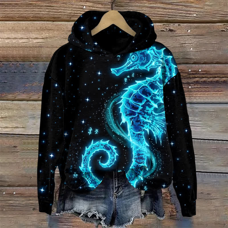 Casual Cosmic Seahorse Print Long Sleeve Hoodie - Black - US32-34(5XL) - image 1