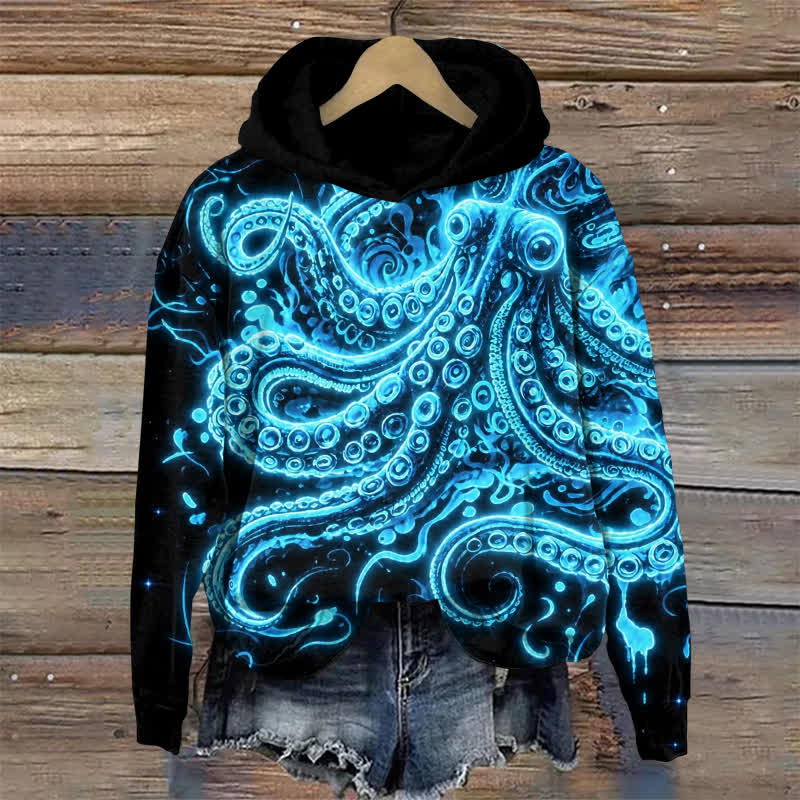 Dark Aesthetic Cyber Octopus Graphic Print Long Sleeved Hoodie - Black - US32-34(5XL) - image 1