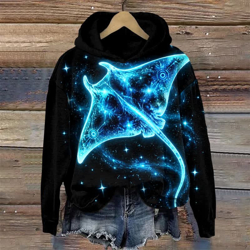 Casual Starfield Manta Ray Print Long Sleeve Hoodie - Black - US32-34(5XL) - image 1