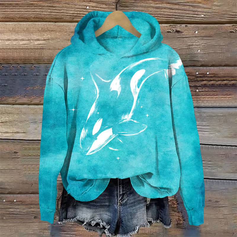 Casual Whale Motif Print Long Sleeved Hoodie - Lake Blue - US32-34(5XL) - image 1