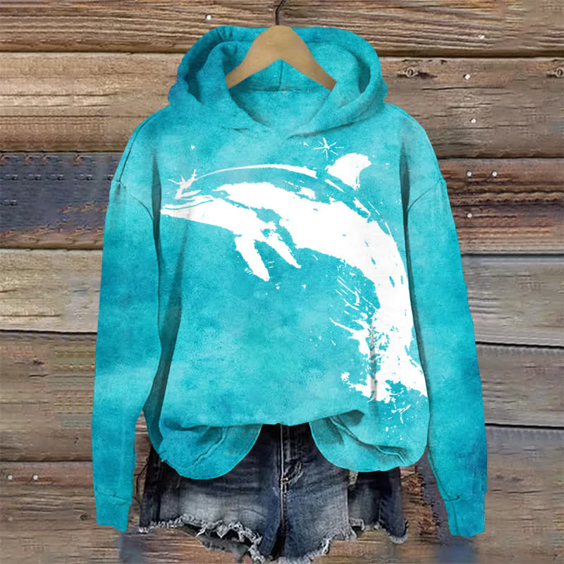 Brushstroke Whale Graphic Print Long Sleeved Hoodie - Lake Blue - US32-34(5XL) - image 1