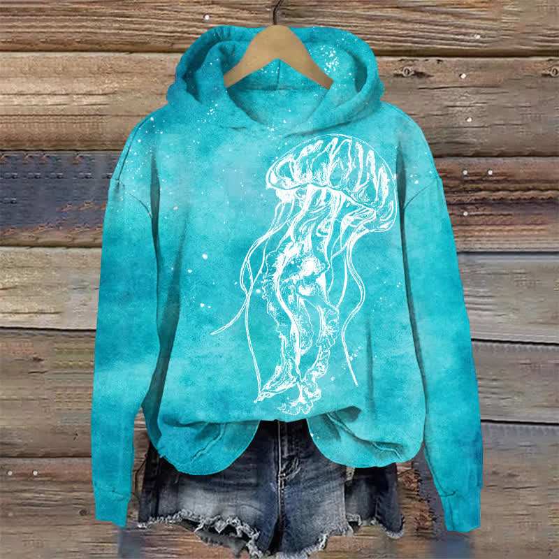 Retro Tide Jellyfish Print Long Sleeved Hoodie - Lake Blue - US32-34(5XL) - image 1