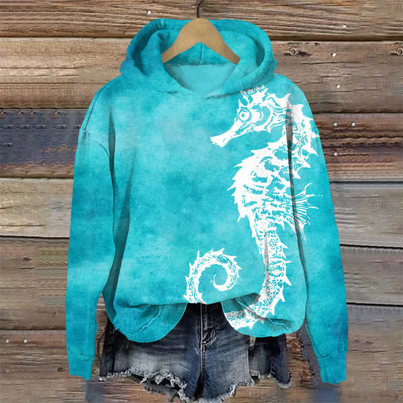 Minimalist Seahorse Print Long Sleeved Hoodie - Lake Blue - US32-34(5XL) - image 1
