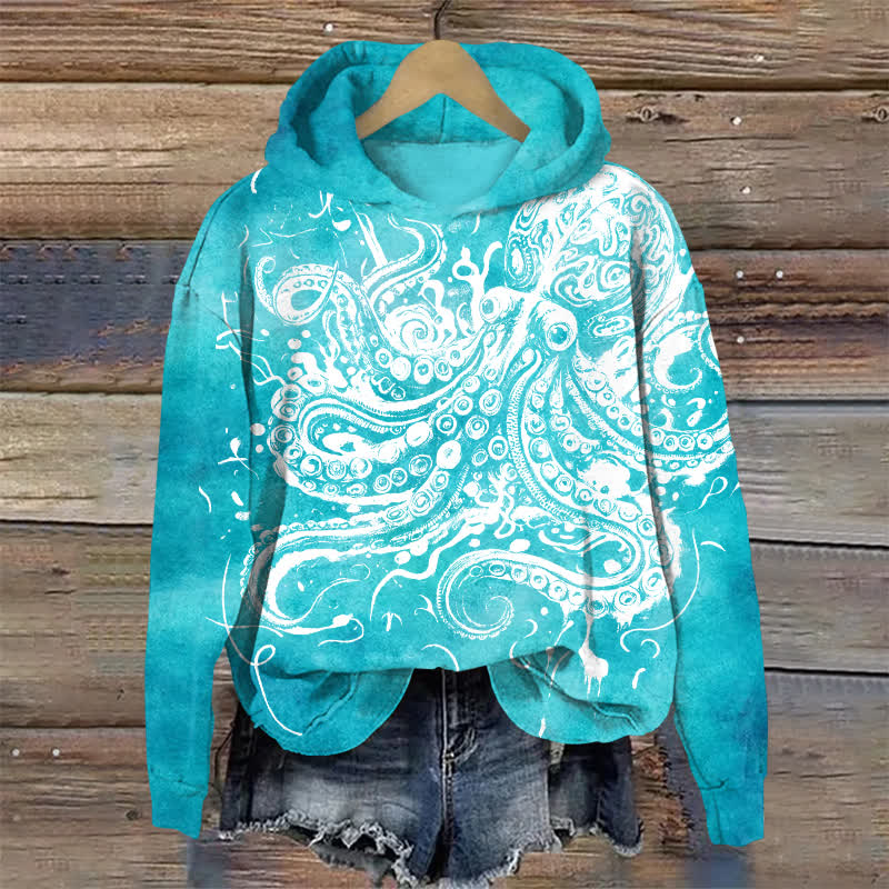 Streetwear Octopus Graphic Print Long Sleeved Hoodie - Lake Blue - US32-34(5XL) - image 1