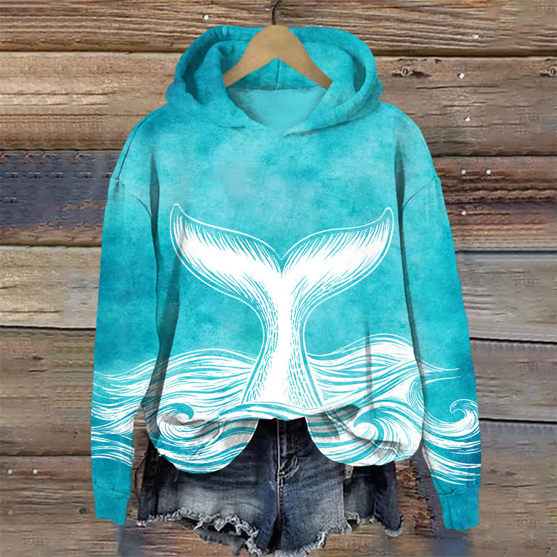 Slouchy Coastal Whale Tail Pullover Print Long Sleeve Hoodie - Lake Blue - US32-34(5XL) - image 1