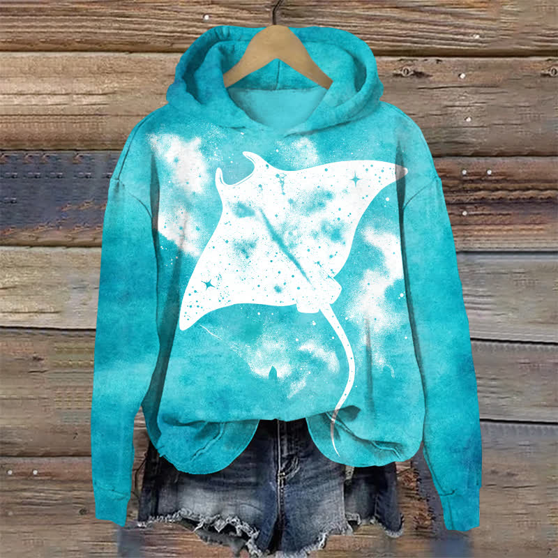 Casual Manta Ray Graphic Long Sleeve Hoodie - Lake Blue - US32-34(5XL) - image 1