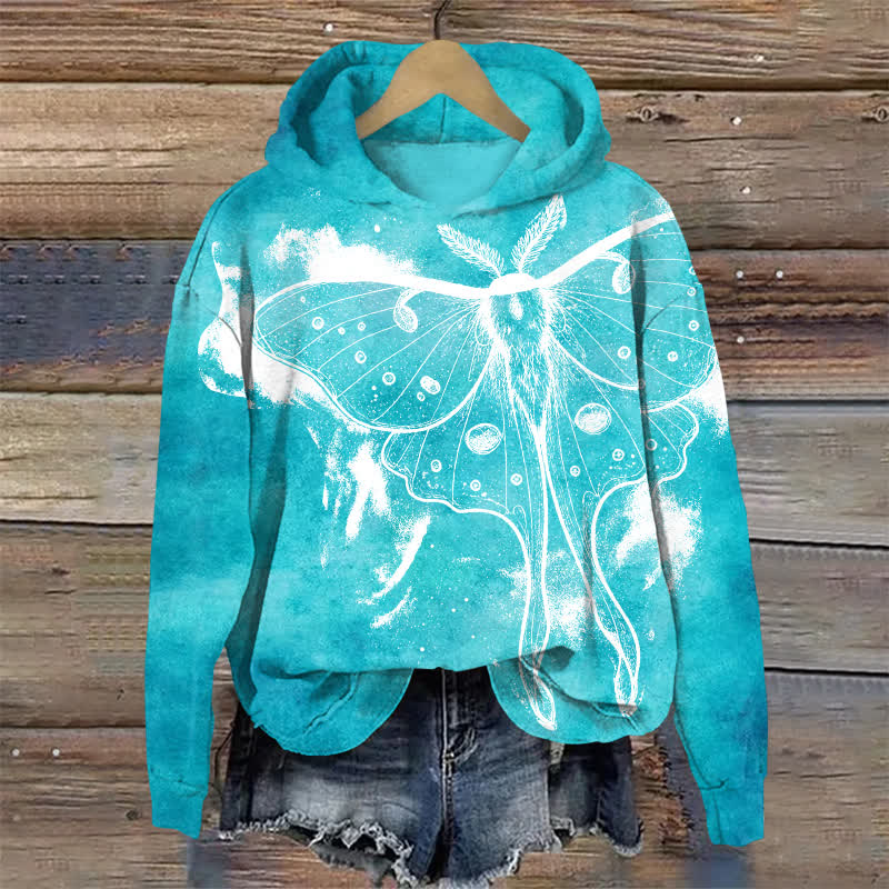 Dark Aesthetic White Moth Graphic Long Sleeved Hoodie - Lake Blue - US32-34(5XL) - image 1