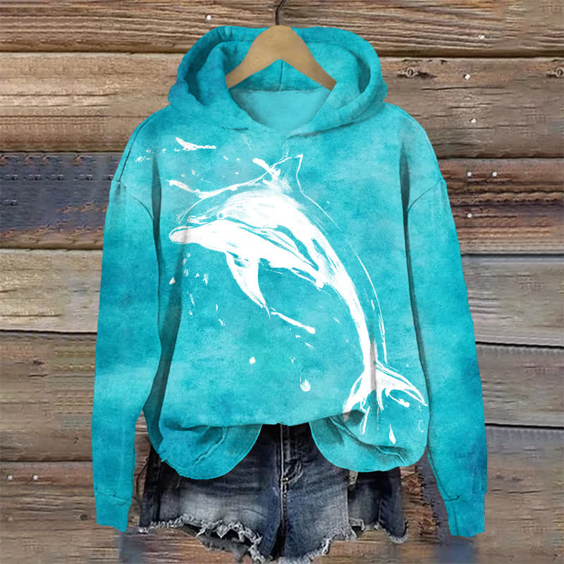 Classic Coastal Dolphin Graphic Print Long Sleeved Hoodie - Lake Blue - US32-34(5XL) - image 1