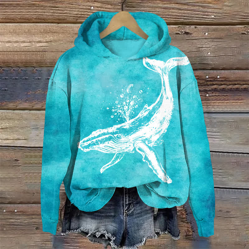 Vintage Ocean Whale Print Long Sleeved Hoodie - Lake Blue - US32-34(5XL) - image 1