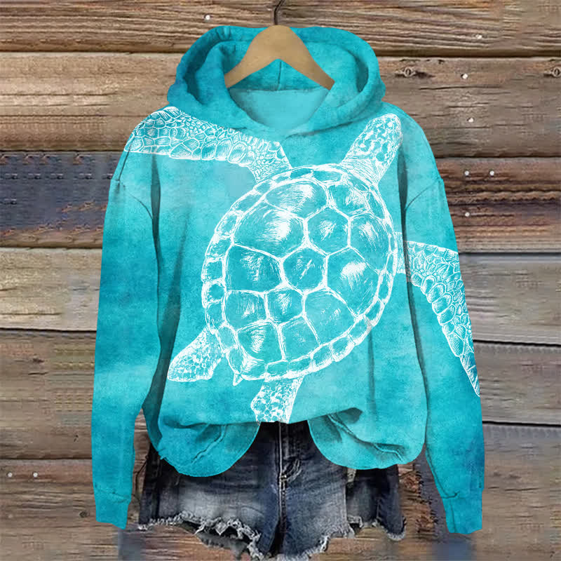 Ocean Turtle Graphic Long Sleeved Hoodie - Lake Blue - US32-34(5XL) - image 1